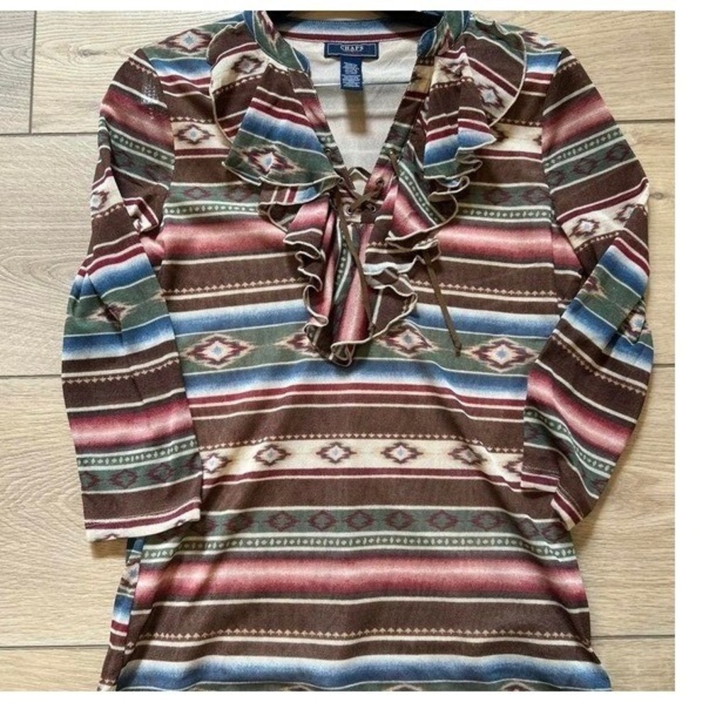 Chaps Denim Womens Medium Southwestern Mesh Ruffle Lace Up Top Multi Color‎